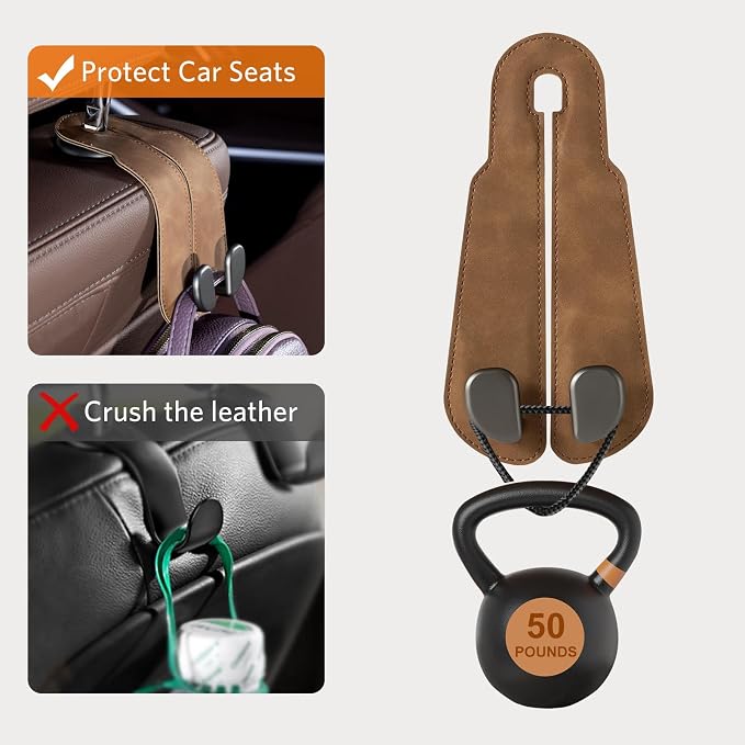CoBak Purse Hook for Car - Universal Premium Stitched Leather and Aluminum-Magnesium Alloy Double Car Seat Back Storage Hook for Purses, Handbags, Bags (2 Pack),Brown - Image 4