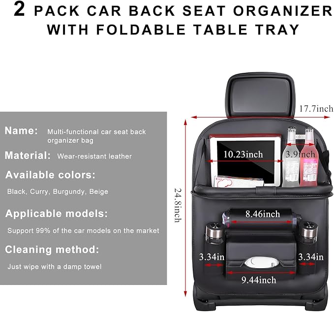 2PCS Car Backseat Organizer, Leather Multi-Pocket Seat Back Protector with Foldable Table Tray, Multifunctional Vehicle Storage Organizer Kick Mat for Kids Toddler Travel (Black) - Image 2