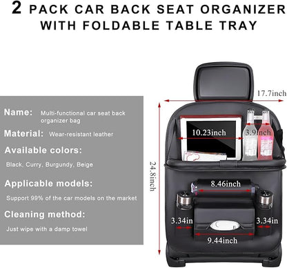 2PCS Car Backseat Organizer, Leather Multi-Pocket Seat Back Protector with Foldable Table Tray, Multifunctional Vehicle Storage Organizer Kick Mat for Kids Toddler Travel (Black) - Image 2