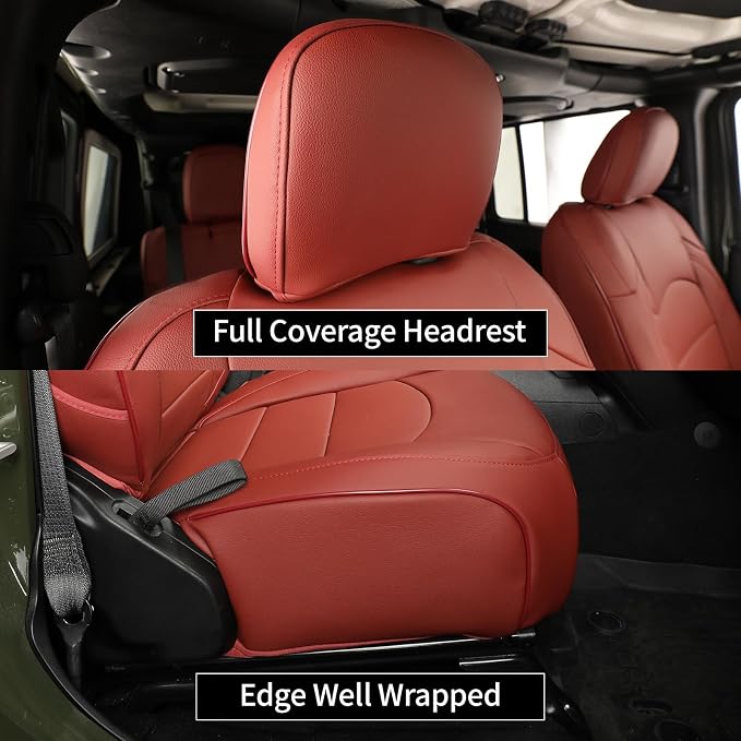 coverdream Wrangler Seat Covers Full Set for 2018-2025 2026 Jeep Wrangler Sport,Sahara SUV,Rear Split Seat w/No Armrest,Fully Covered,Luxury Waterproof Leather Car Seat Protector(Wine Red) - Image 5