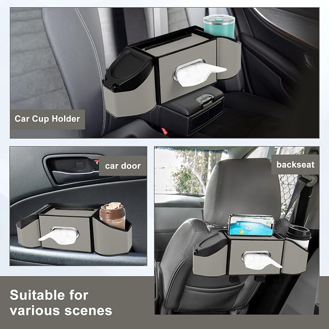 7-In-1 Car Seat Back Organizer with Cup Holders, Tissue Box, Garbage Can&Hooks, Multifunctional Headrest Storage Organizer, Headrest Cup Holder for Backseat, Car Accessories for Trips, Travels(Gray) - Image 7