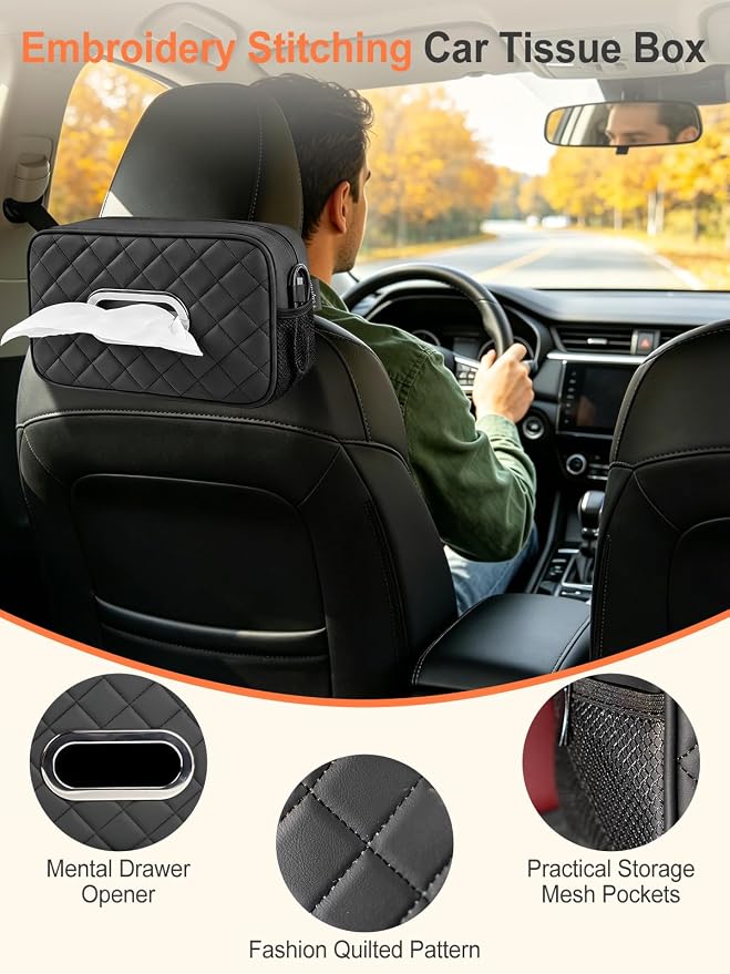 Multi-functional Car Tissue Holder with ‌2 Tuck Nets, Tissue Box Cover | Diamond Pattern, Upgraded PU Leather, Large Rectangle,Black Napkin Storage Organizer, Keep Car Tidy - Image 6
