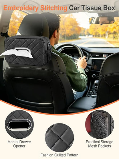 Multi-functional Car Tissue Holder with ‌2 Tuck Nets, Tissue Box Cover | Diamond Pattern, Upgraded PU Leather, Large Rectangle,Black Napkin Storage Organizer, Keep Car Tidy - Image 6