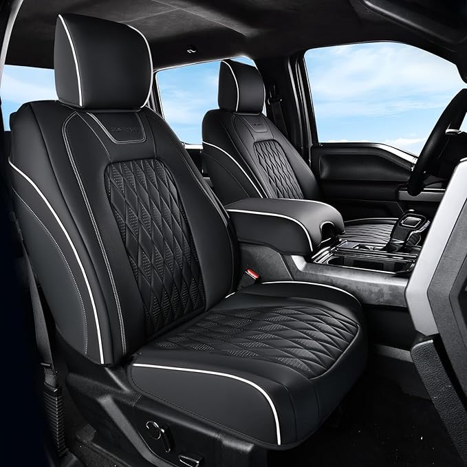 Coverado Premium Leather Front Seat Covers Waterproof Heavy-Duty Protectors Custom Fit for Ford F150 (2015-2026) F250/F350/F450 (2017-2026)-Black w/White Stitching, Wear-Resistant by COVERADOAUTO