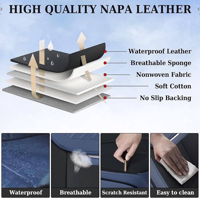 Coverado Front and Back Seat Covers for Cars, Nappa Leather Car Seat Covers Full Set, Waterproof Carseat Protector Seat Cushion, Luxury Automotive Seat Covers Universal Fit for Most Cars(Blue&Black) - Image 5