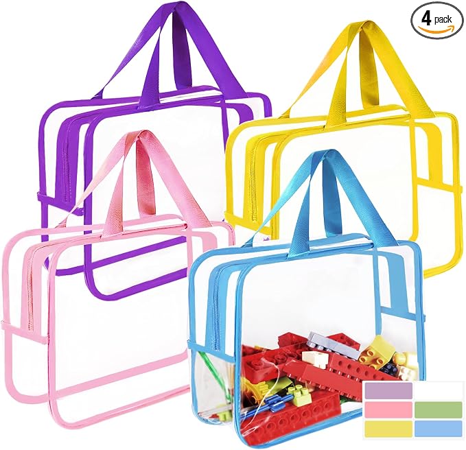 4 Pcs Storage Bags, Clear PVC Organizer with Zipper, Waterproof Travel Bags with Labels for Building Blocks, Puzzle, Books (multicolor1) by JieJieko