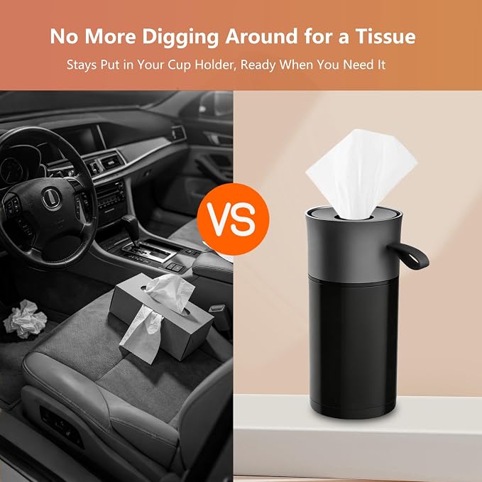 Car Tissues Cylinder, Cup Holder Car Tissue Box with Handle, Detachable Easy Cleaning Tissue Holder with 1 Pack Tissues, Black Grey - Image 4