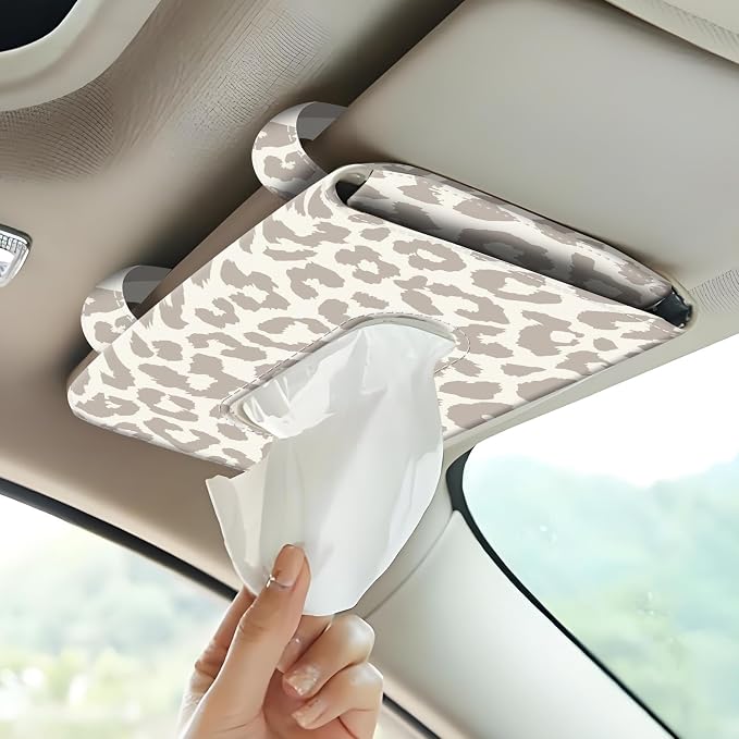 Car Tissue Holder, Cute Sun Visor Napkin Holder Backseat Tissue Case, PU Leather Tissue Box, Funny Car Accessories for Women Men Luxury Grey Leopard - Image 6
