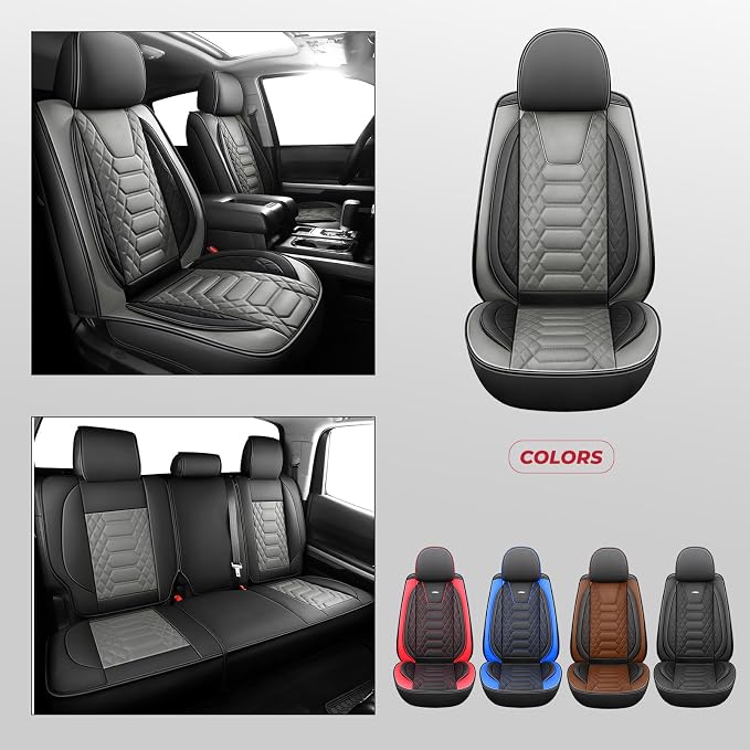 FREESOO for Toyota Tundra Seat Covers 2007-2021 Crewmax Cab 2 Front Set | 2pcs, Custom Fit, Airbag Compatible, Premium Waterproof Leather, for Truck Toyota Tundra Accessories, BlackGrey - Image 4