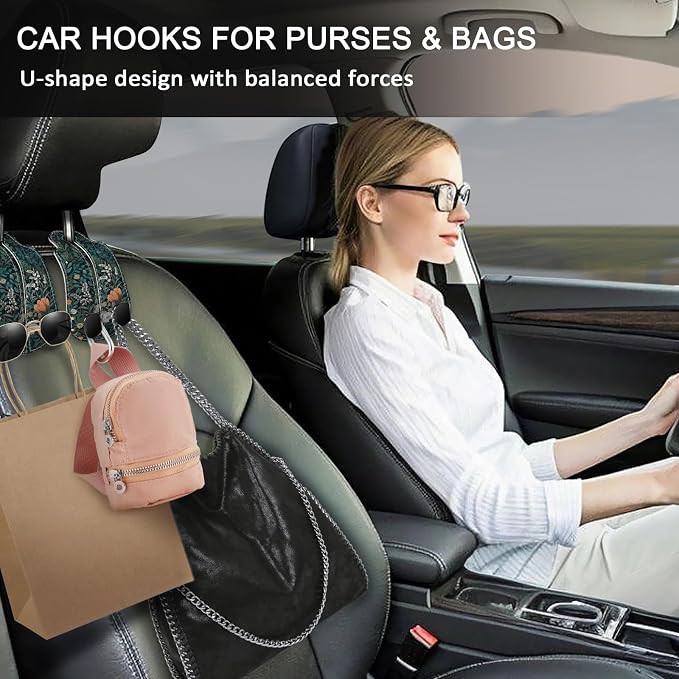 Blusabaca 2PCS Car Hooks for Purses Bags, Weeds Floral Flowers Wildflowers Plants Seat Back Storage Headrest Holder Hanger PU Leather Double Backseat Organizer, Women Car Accessories Organization - Image 2