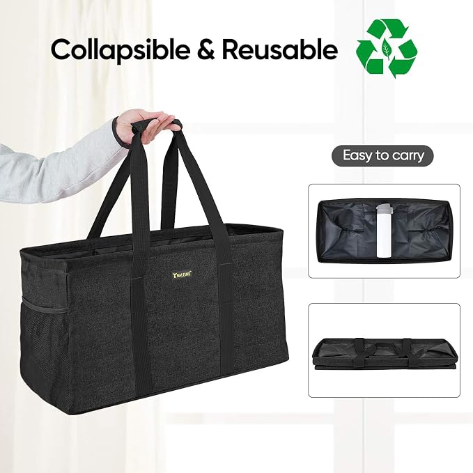 BALEINE Extra Large Utility Tote Bag with Reinforced Wire Frame, Reusable Grocery Bag for Shopping, Picnic (Black, 22''x12''x10'') - Image 7