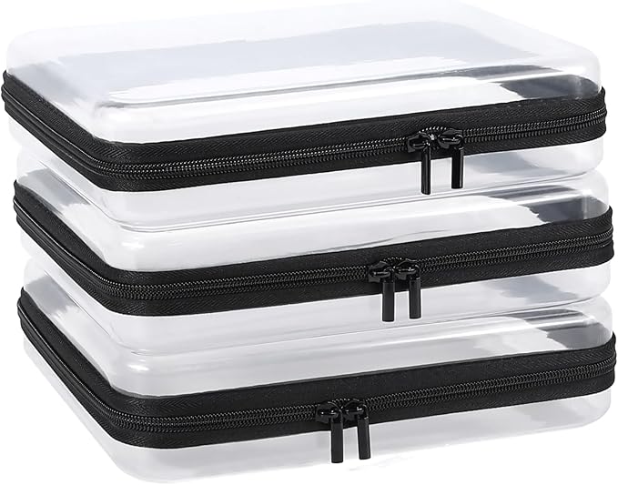 YOPCDJ 3 Pack Clear Hard Shell Zipper Case, Clear Zipper Pouches Waterproof Makeup Organizer & Travel Toiletry Bag, Plastic Pouch for Travel Office Storage, Black Large Size by YOPCDJ
