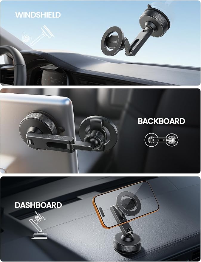 Lamicall Car Phone Holder Mount Ultra Nano Gel & 70+LBS Vacuum Suction Cup | 20X Strong Magnets 360° Phone Holders for Your Car Dashboard Windshield Car Mount for iPhone 17 16 15 Pro Max S26 S25 Black - Image 2