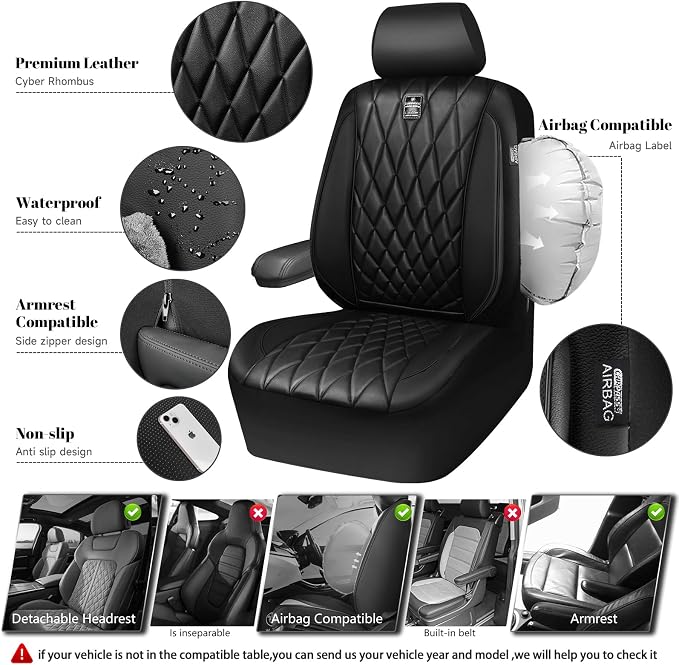 CAR PASS Piping Luxury Faux PU Leather Two Front Car Seat Covers, Waterproof Anti Slip Seat Covers Compatible with Front Seat Armrests,Universal Fit for Suvs,Vans,Trucks, Airbag Compatible(All Black) - Image 3