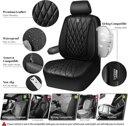 CAR PASS Piping Luxury Faux PU Leather Two Front Car Seat Covers, Waterproof Anti Slip Seat Covers Compatible with Front Seat Armrests,Universal Fit for Suvs,Vans,Trucks, Airbag Compatible(All Black) - Image 3