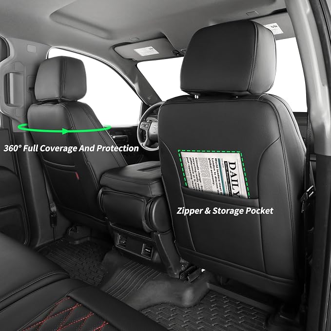 Custom Fit Seat Covers Full Set for Chevy Silverado & GMC Sierra 1500(2019-2026) and 2500HD/3500HD(2020-2026) CrewCab,No Rear Seat Storage,Waterproof Leather Truck Seat Protector(Black & Diamond) - Image 2