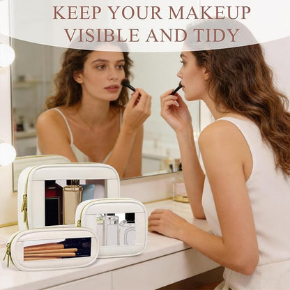 3-Piece Travel Clear Makeup Bag Set, Small Cosmetic Bag with Makeup Brush Case, Leather Waterproof TSA Approved Toiletry Bag with Zipper, Car Organization for Women (Beige-2, Mini+Slim+Medium) - Image 7