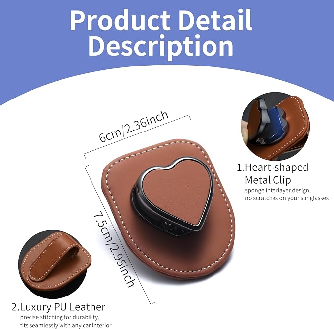 Sunglass Holder for Car, Heart Shape Leather Car Visor Sunglasses Holder, Universal Car Interior Visor Accessories - Image 6