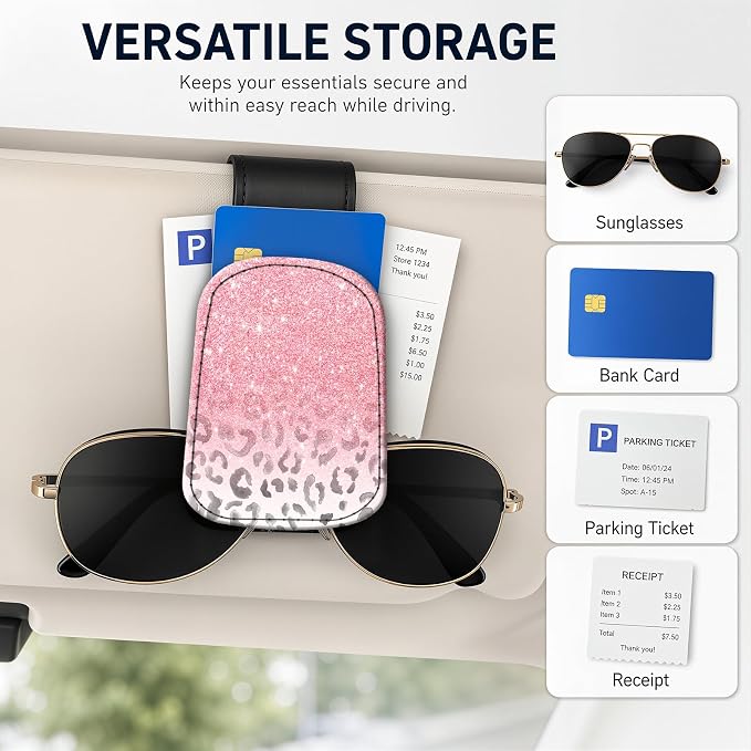 Leather Magnetic Sunglass Holder for Car Sun Visor, Cute Eyeglass Ticket Card Hanger Clip, Universal Auto Interior Accessories for SUV Pickup Truck, Pink Leopard - Image 4