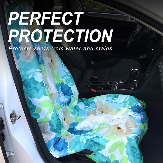 Sweat Towel Car Seat Cover Protector Front Seats for Gym Workout, Running, Swimming, Beach and Hiking, Waterproof Universal Seat Cover for Car, Trucks, Van & SUV (1, Cyan Flower, Front) - Image 3