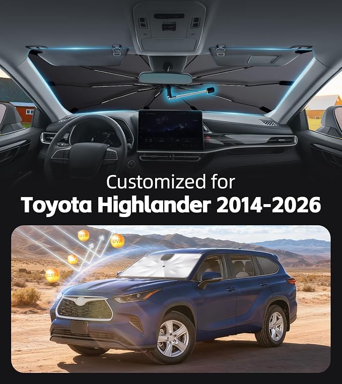 Windshield Sun Shade for Toyota Highlander 2014-2026, 360°Rotating Shaft | Custom Fit Umbrella Sunshade for UV Blocking, Interior Heat Protection, Easy Storage, UPF 50+ Cool Windshield Cover - Image 2