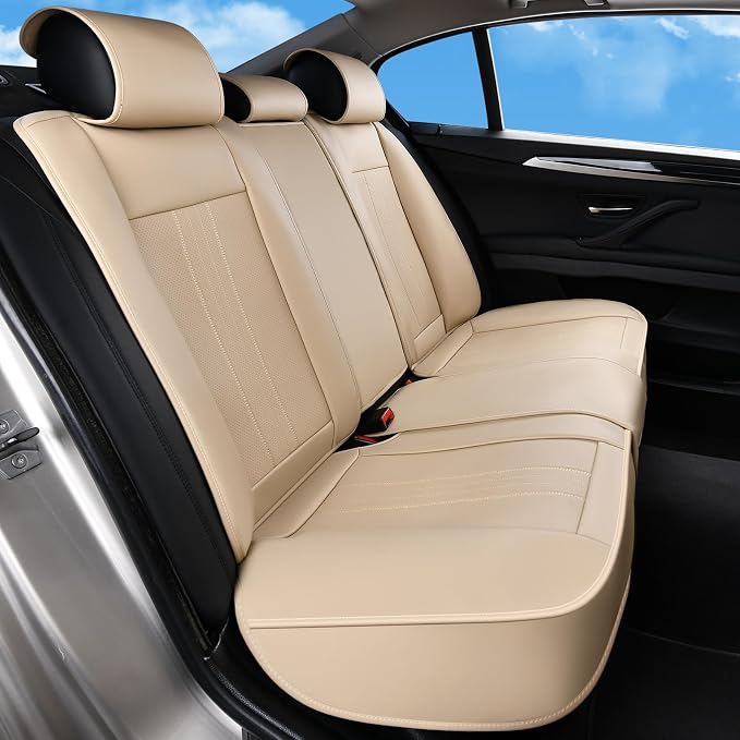 Huidasource Beige Back Seat Cover, Luxury Faux Leather Car Back Seat Cover, Velcro Adjustable, Compatible with Child Seat, Perforation Cooling＆Heating, Universal Fit for Most Cars Vans, Trucks, SUVs - Image 8