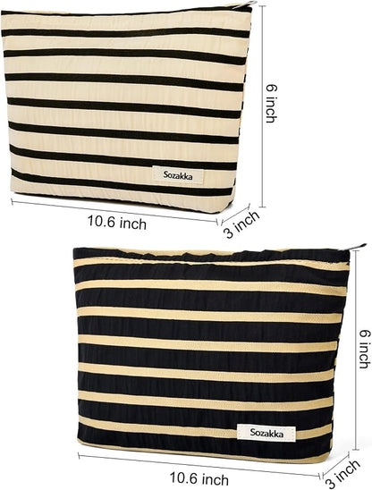 SOIDRAM 2 Pieces Makeup Bag Large Stripe Cosmetic Bag Capacity Canvas Travel Toiletry Bag Organizer Cute Makeup Brushes Aesthetic Accessories Storage Bag for Women, Stripe L Black White - Image 3