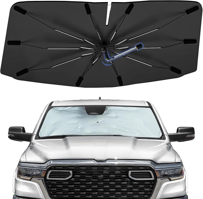 Windshield Sun Shade Umbrella for Dodge RAM 2500 2016-2026 Front Window | Foldable Car Sunshade, 360 Rotation Automotive Interior UV Protection for Outdoor Parking by Bocvam