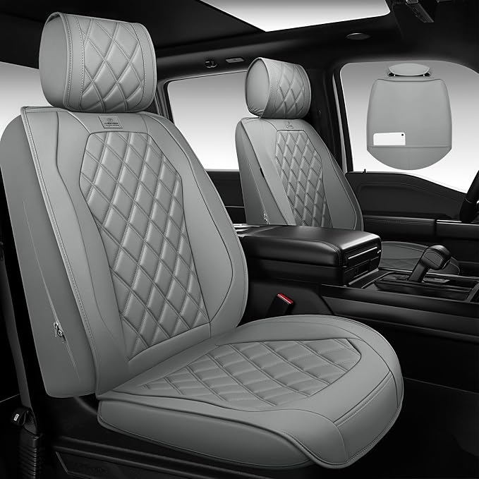 CAR PASS Luxury Nappa Leather Seat Covers Full Set, 3D Rhombus Waterproof Faux Leather Seat Covers, Universal Automotive Seat Cushion Fit for Most Sedan SUV Truck Van, Airbag Compatible Gray - Image 2