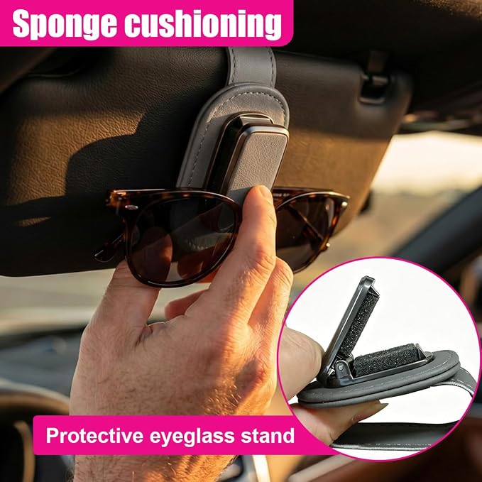 Car Sunglass Holder, Leather Car Sun Visor Eyeglasses Clip with Anti-Scratch Soft Padding, One-Handed Operation Auto Interior Glasses Organizer for Most Cars, Trucks, SUVs (Gray) - Image 5