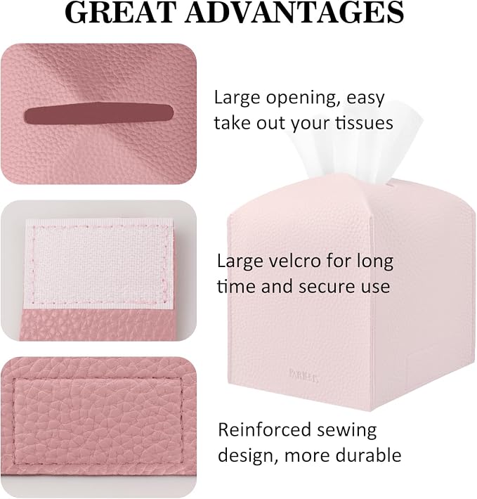 Tissue Box Cover Holder Square Tissue Cube Cover PU Leather Tissue Organizer with Bottom Belt for Bathroom, Tabletop, Car, Night Stands, Office, Home, Kitchen (2, PrettyPink) - Image 4