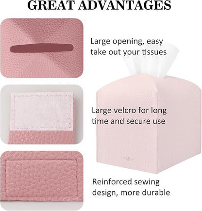 Tissue Box Cover Holder Square Tissue Cube Cover PU Leather Tissue Organizer with Bottom Belt for Bathroom, Tabletop, Car, Night Stands, Office, Home, Kitchen (2, PrettyPink) - Image 4