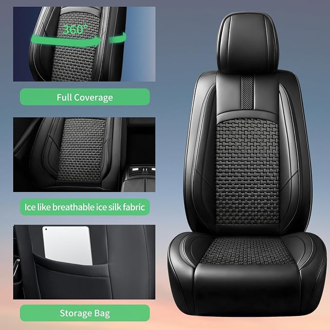 Fit Leaf Car Seat Covers for Nissan Leaf 2011-2024 2025 2026-Upgraded Premium Breathable Cooling Ice Silk Leather Seat Covers,All-Weather Breathable Seat Cushion Protector,Full Set,Black - Image 7