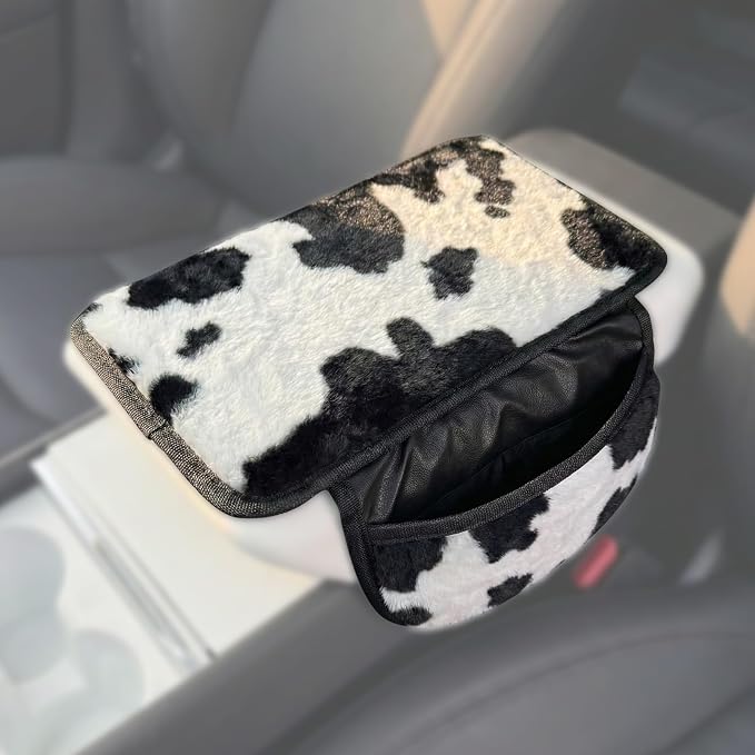 Plush Fuzzy Car Center Console Cover with 2 Side Pockets, Cow Print | Fluffy Armrest Cushion Pad,Soft Car Interior Accessories with Storage for Men & Women,Universal Fit for Vehicles SUV Truck - Image 9