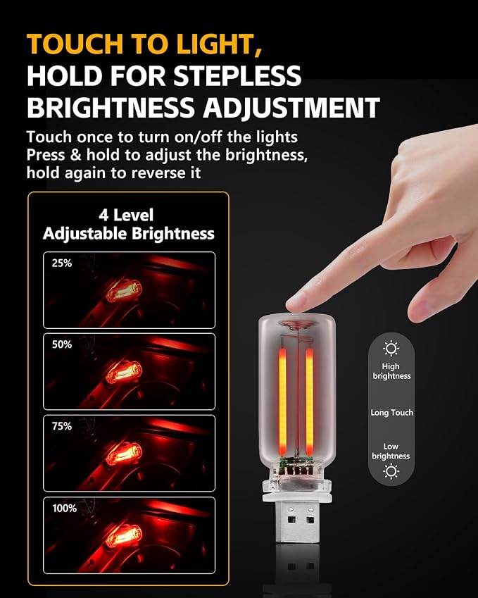 2PCS USB Car Lights, Touch Adjustment Lights, Plug in USB Vehicle Interior Ambient Light, Mini LED Retro Bulb Glass Bottle Night Light for Car, Camping, Holiday Decoration, Party, Bedroom (Red) - Image 4