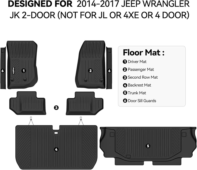 Floor Mats for 2014-2017 Jeep Wrangler JK 2-Door Accessories | (Not for JL or 4XE or 4 Door) Trunk Mat & Backrest Mats & Door Sill Guard All Weather TPE Interior Floor Liners - Image 2
