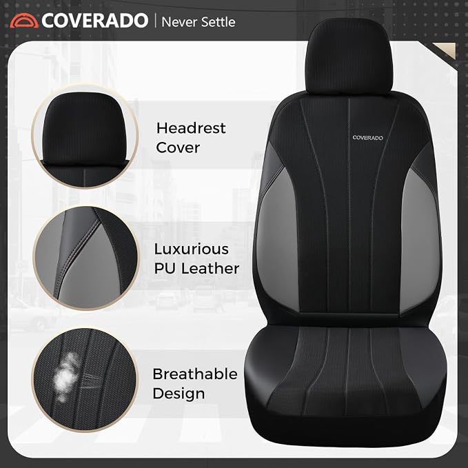 Coverado Seat Covers for Car 2 Seats, Leather Car Seat Covers Fullset, Breathable Mesh Front and Rear Protectors, Grey Luxury Automotive Covers, Universal Fit for SUV, Truck, Sedan - Image 5
