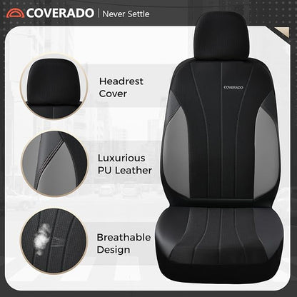 Coverado Seat Covers for Car 2 Seats, Leather Car Seat Covers Fullset, Breathable Mesh Front and Rear Protectors, Grey Luxury Automotive Covers, Universal Fit for SUV, Truck, Sedan - Image 5