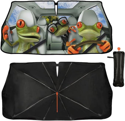 Socira Funny Frog Car Windshield Sun Shade Umbrella Style Sunshade Fun | Automotive Foldable Frog Driver Front Car Accessories Interior Decor to Keep Vehicle Cool for Most Vehicles 57'' X 30'' - Image 2