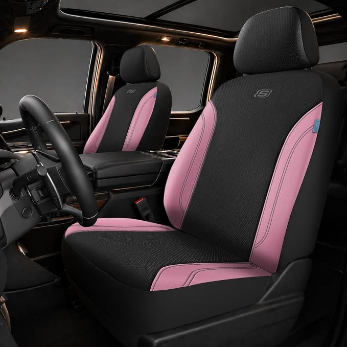 Skechers Work Seat Covers, Leather Seat Covers 5-Times Stronger Built-in Webbing, Oxford Fabric Front Seat Cover, Airbag Compatible, Automotive Comfort for Cars, Trucks, SUVs,Pink by Unknown