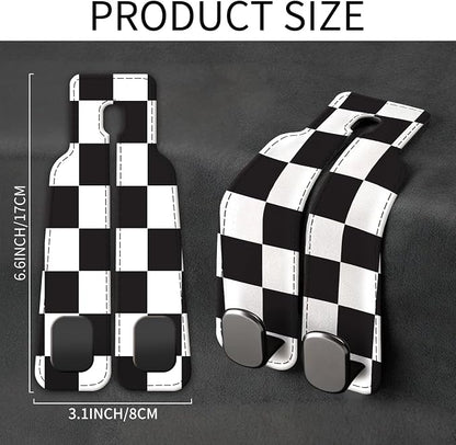 Car Seat Back Storage Headrest Hook, Premium Leather Double Metal Hook, Hanger Storage Organizer for Purse Cloth Bag, Car Interior Accessories Black White Plaid - Image 5