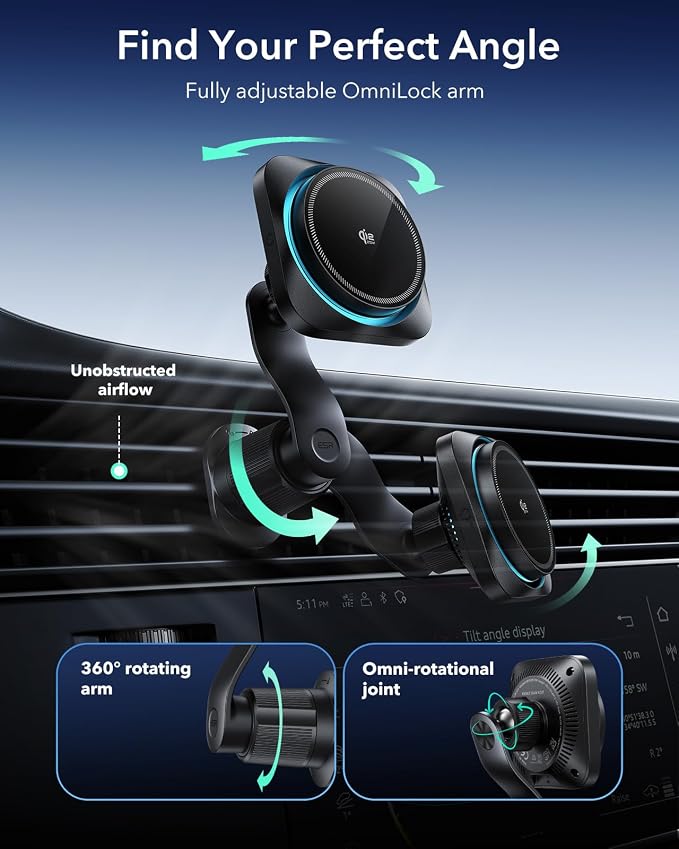 ESR OmniLock Qi2.2 25W Certified MagSafe Car Mount Charger with Cryoboost | Phone Cooling MagSafe Car Charger, 360° Rotatable, Air Vent Magnetic Car Phone Holder for iPhone 17/16 with iOS 26, S26 Ultra - Image 4