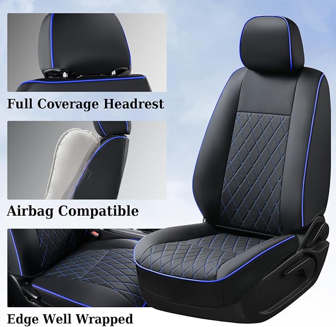 Coverado Tacoma Seat Covers Full Set, Faux Leather Seat Covers Custom Fit for 2016-2023 Toyota Tacoma Double/Crew Cab Base Prerunner SR5 Limited TRD Sport Interior Covers (Blue Line) - Image 3