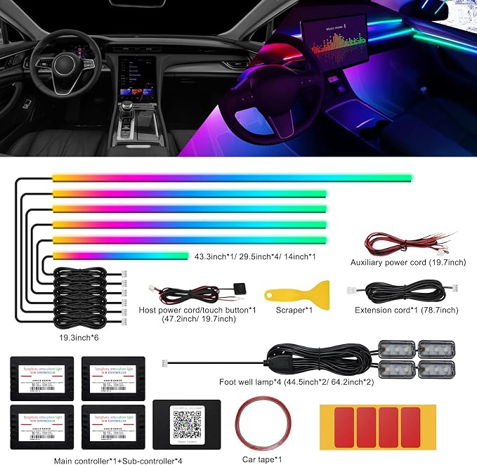 Dreamcolor Acrylic Interior Car LED Strip Light with Wireless APP, RGB 10 in 1 with 175 inches 593 LEDs Fiber Optic Ambient Lighting Kits, 16 Million Colors Sound Active Function Car Neon Lights - Image 2