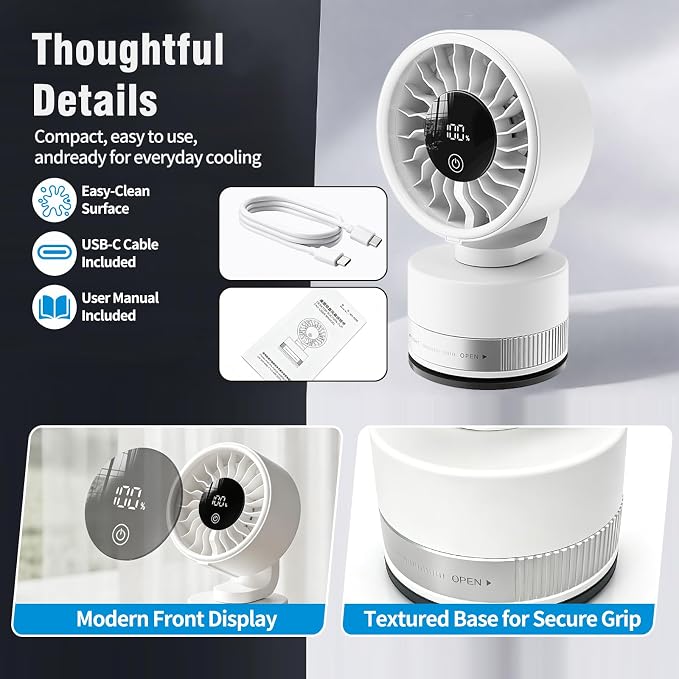 Upgraded Suction Cup Wall Mounted Fan with 4000mAh Battery, 5 Speeds Adjustable 180 Tilt 340 Rotation - Rechargeable Portable Fan Strong Suction for Home, Kitchen, Bathroom, RV, Office, Gym, Cruise - Image 8