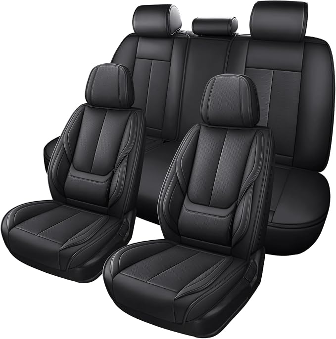 MINGBRON Black Car Seat Cover with Lumbar Support, Car Seat Protector Waterproof, Nappa Leather Car Seat Cushion, Car Seat Covers Front Seats and Back Fit for Most Cars by MINGBRONCARSEATCOVER