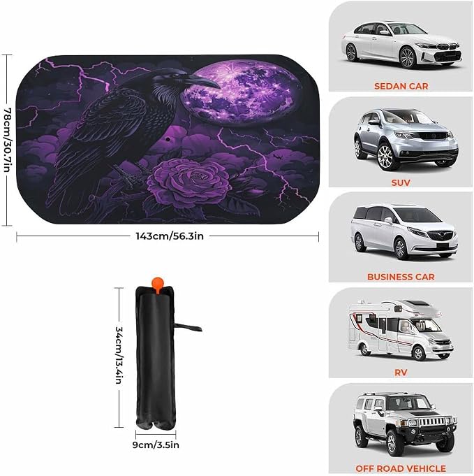 Gothic Black Crow Purple Full Moon Car Windshield Sun Shade Foldable Umbrella Auto Sunshade for Car Truck SUV-Blocks Sun Visor Protector-Keeps Your Vehicle Cool - Image 3