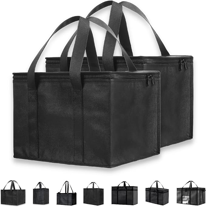 NZ home Insulated Food Bag, Portable Cooler Tote (Medium, Black, 2 Pack) | Thermal bag, For cold and hot food, Soft sided cooler, Heavy duty 4-layered tote, Grocery shopping, Beach or travel bag by NZhome
