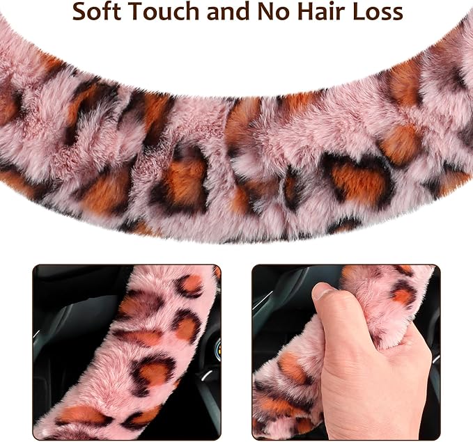 Accmor Fuzzy Steering Wheel Cover, Universal Fit Fur Car Wheel Cover & Handbrake Cover & Gear Shift Cover Set for Women Girls, Leopard Winter Warm Fluffy Vehicle Wheel Protector for Auto, SUV (Pink) - Image 4