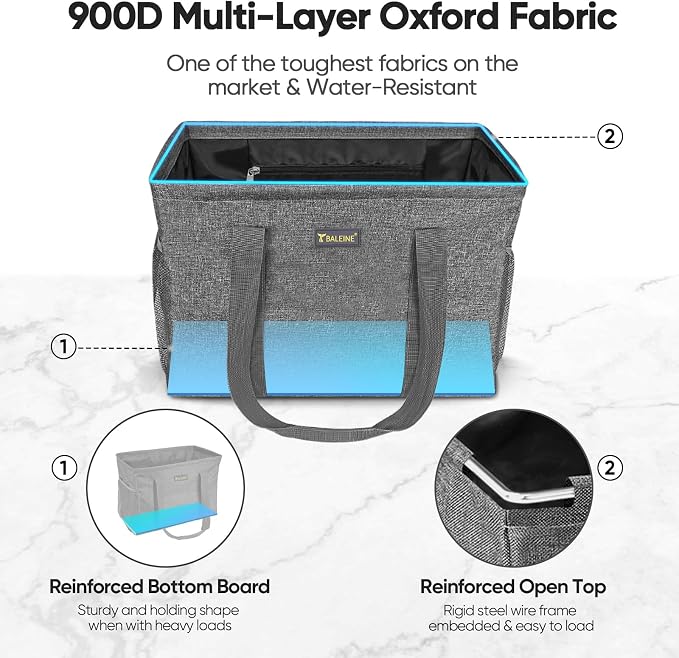 BALEINE Extra Large Utility Tote Bag with Reinforced Wire Frame, Reusable Grocery Bag for Shopping, Picnic (Grey, 16.5''x14''x10'') - Image 3